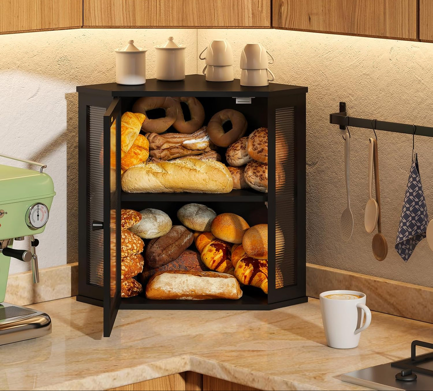 Dluxe Ave. Corner Bread box Kitchen/ with Acrylic Door (Black Extra Large)