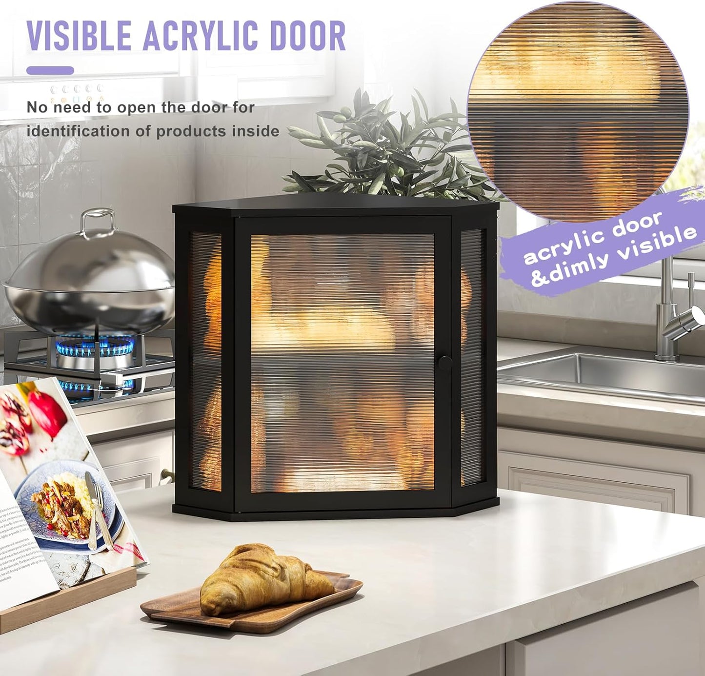 Dluxe Ave. Corner Bread box Kitchen/ with Acrylic Door (Black Extra Large)