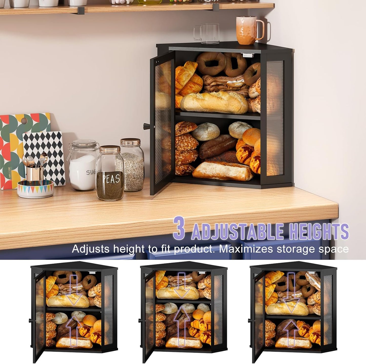 Dluxe Ave. Corner Bread box Kitchen/ with Acrylic Door (Black Extra Large)