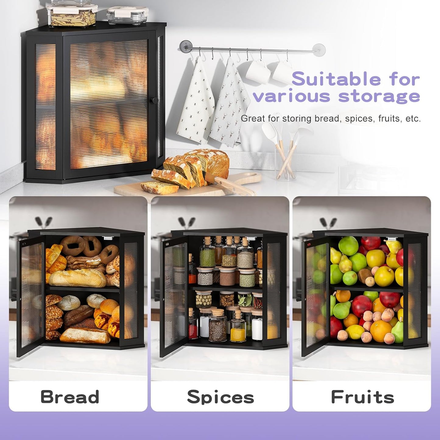 Dluxe Ave. Corner Bread box Kitchen/ with Acrylic Door (Black Extra Large)