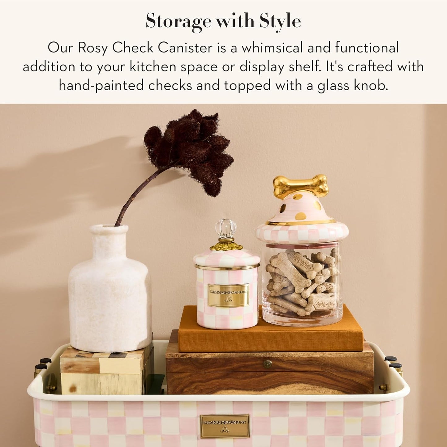 Dluxe Ave. MACKENZIE-CHILDS Rosy Check Enamel Canister Pink-and-White Kitchen Storage Container with Lid Demi