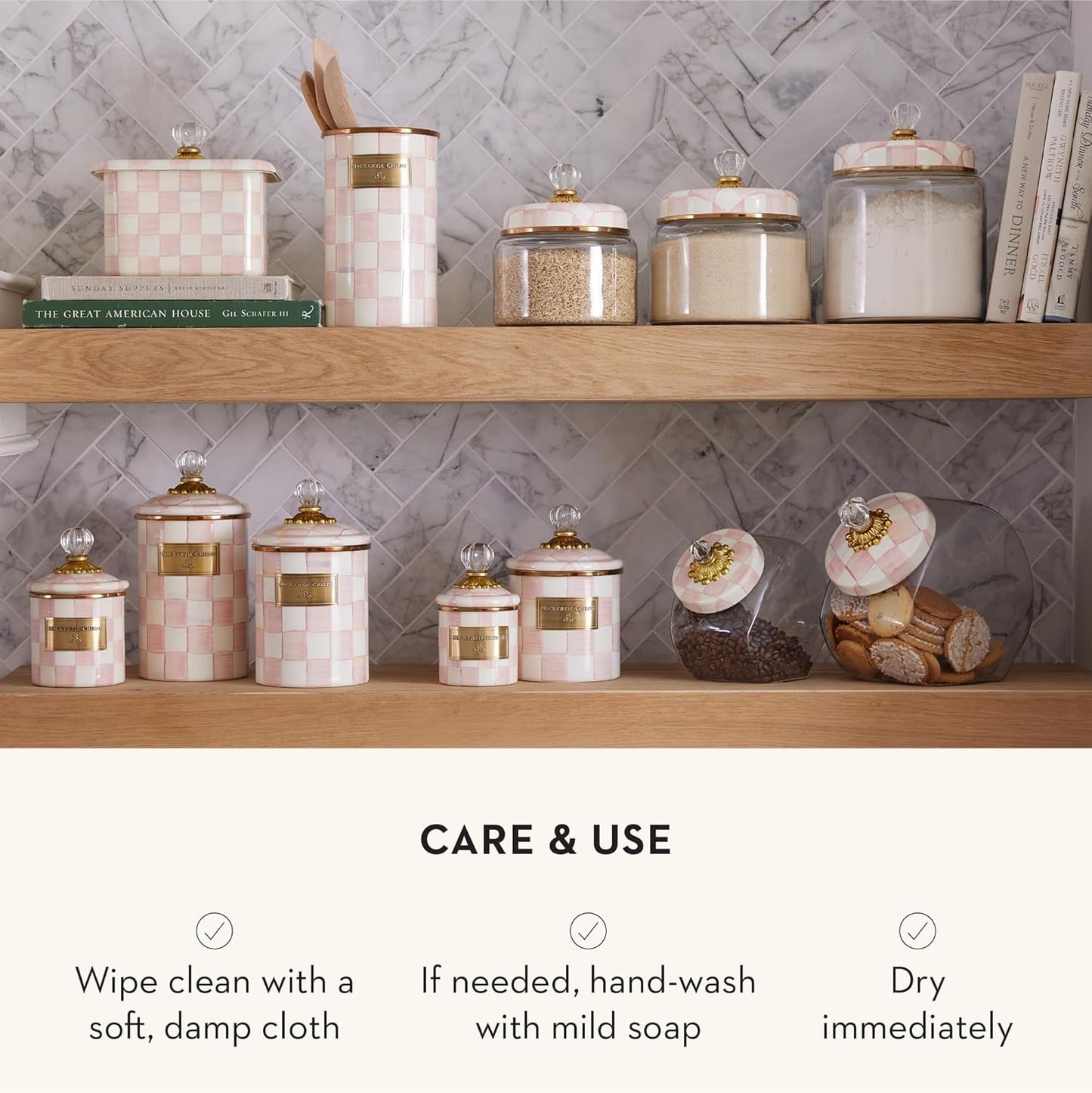Dluxe Ave. MACKENZIE-CHILDS Rosy Check Enamel Canister Pink-and-White Kitchen Storage Container with Lid Demi