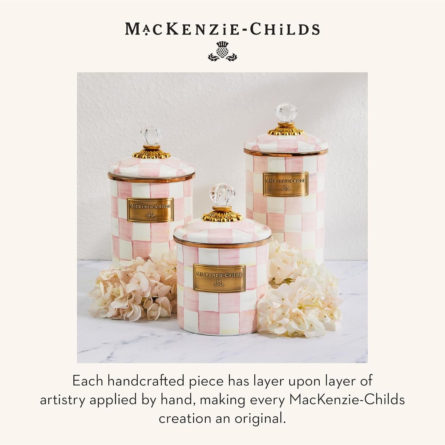 Dluxe Ave. MACKENZIE-CHILDS Rosy Check Enamel Canister Pink-and-White Kitchen Storage Container with Lid Demi