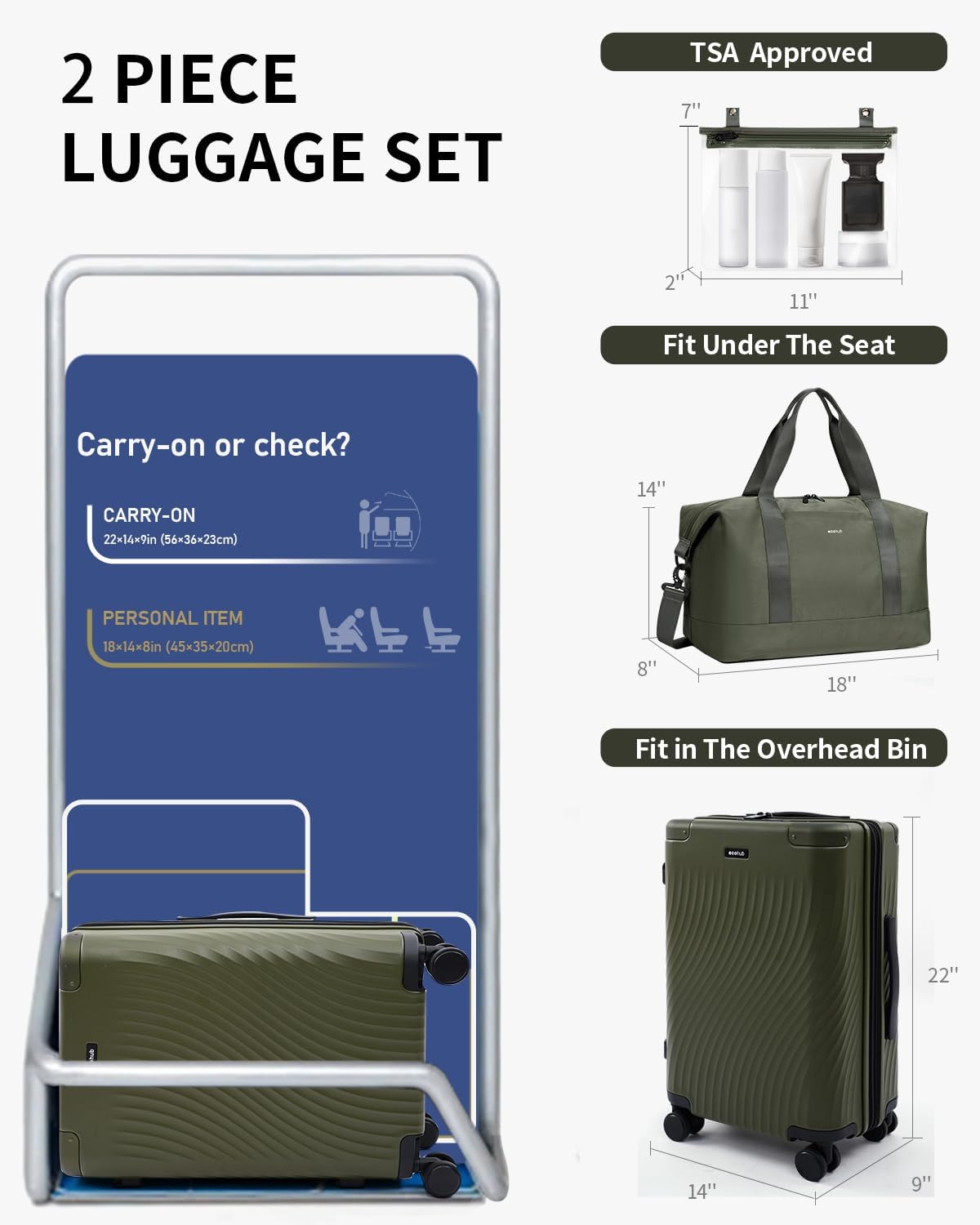 Dluxe Ave. Hardside Expandable Carry On/Recycled PC/ 20" Spinning Wheels/ 22x14x9/ TSA Lock/20inch Carry-on (Green)