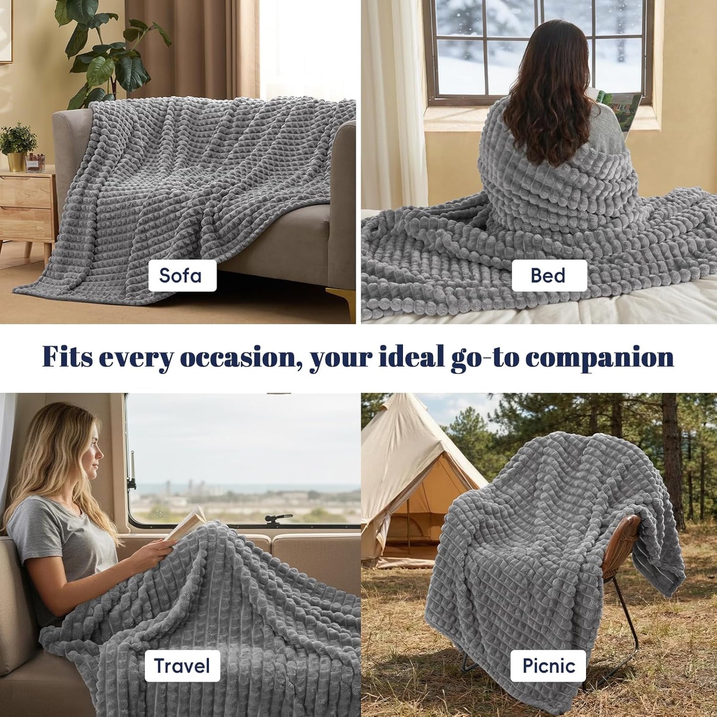 Dluxe Ave. ( QUEEN ) 3D Clipped Fleece Blanket, 380GSM Super Soft, ( Grey) 90"x90"