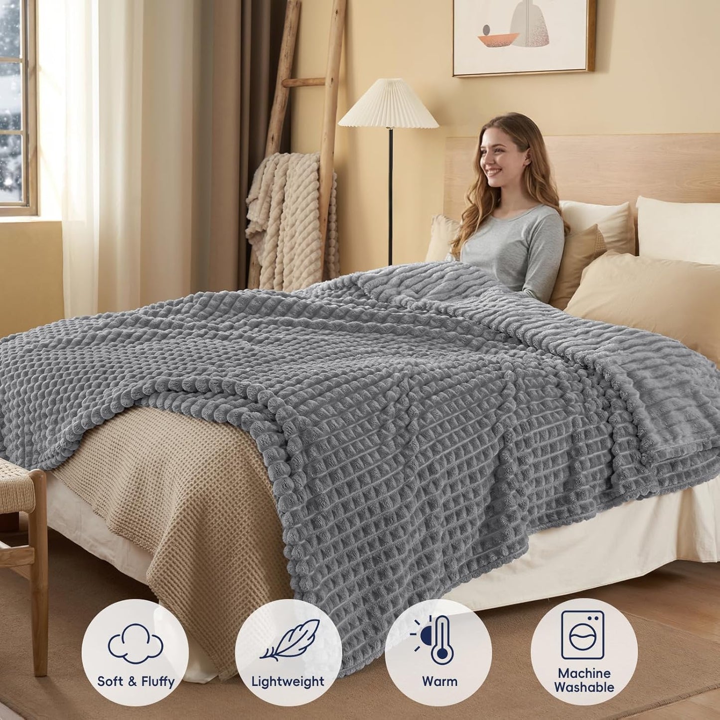 Dluxe Ave. ( QUEEN ) 3D Clipped Fleece Blanket, 380GSM Super Soft, ( Grey) 90"x90"