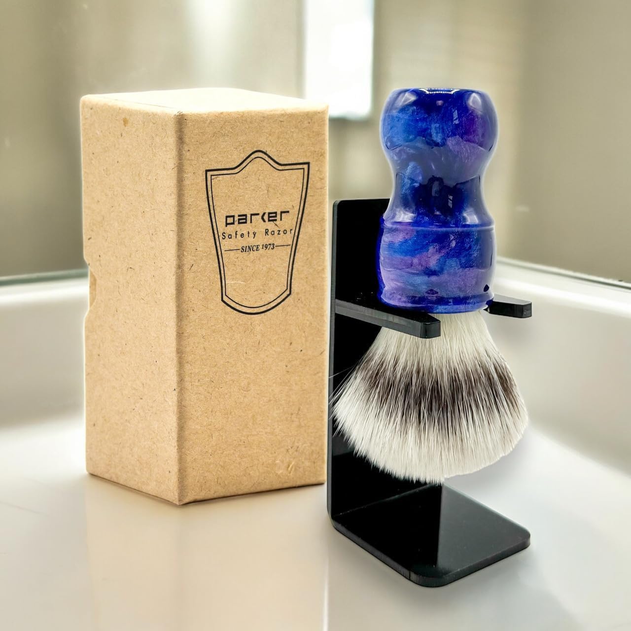 Dluxe Ave.  Blue Handle Synthetic Shaving Brush & Stand