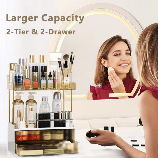 Dluxe Ave. Hoffeins 4 Tiers Bathroom Organizers and Storage Countertop with 2 Drawers Large Vanity Organizer Skin Care Organizer for Dresser Multi-Purpose Bathroom Counter Organizer Toiletry Organizer- Clear