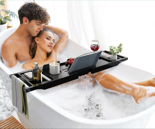 Dluxe Ave. Bamboo Bathtub Caddy Tray Expandable for Luxury Bath Bath Accessories & Table with Wine Glass for Men/WomenBlack