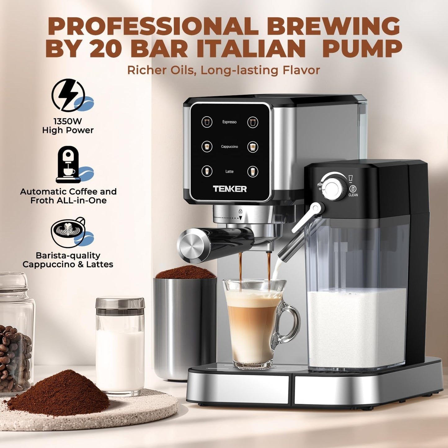 Dluxe Ave. Espresso Machine 20 Bar Cappuccino/with Automatic Milk Frother/Stainless Steel / Touchscreen  (Silver)