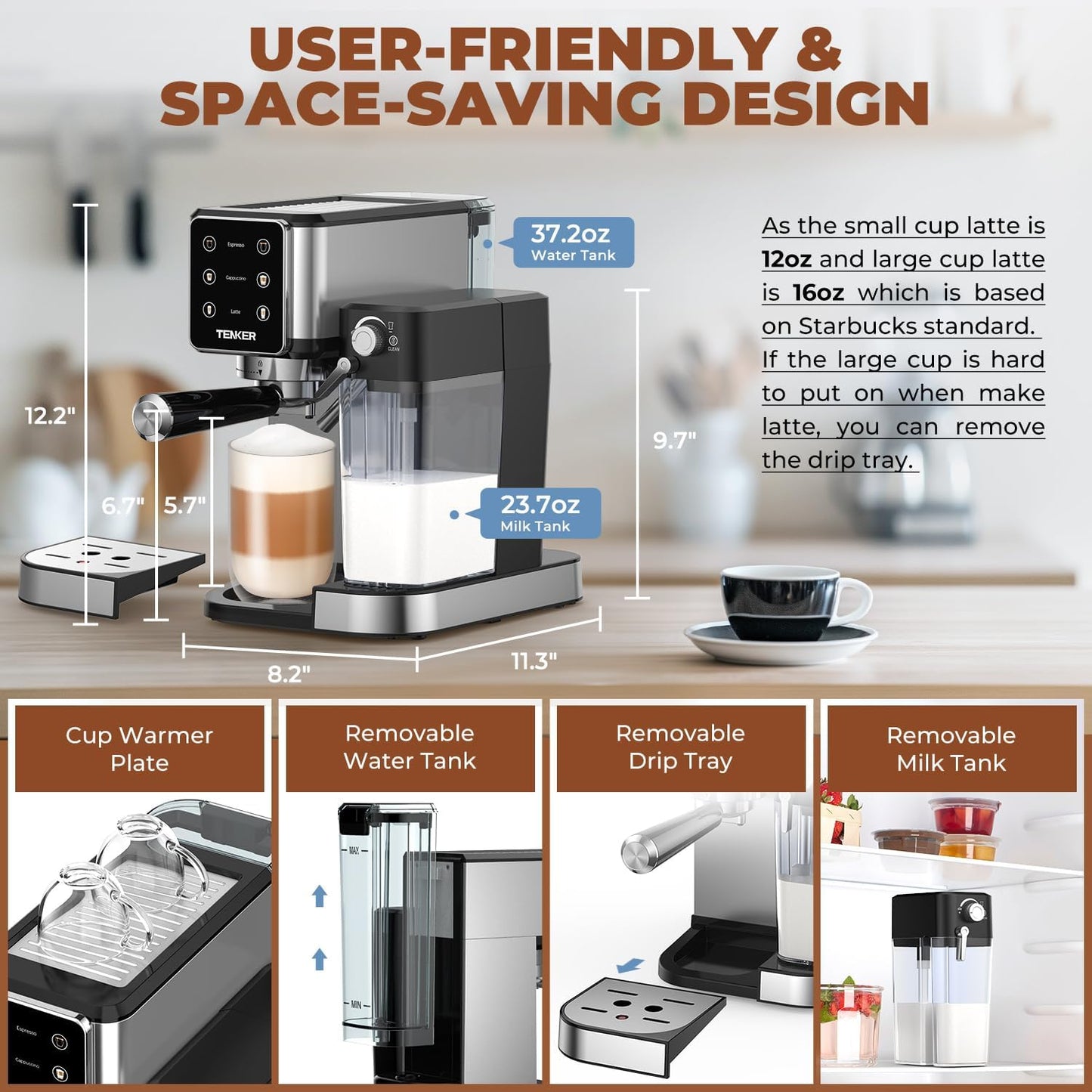 Dluxe Ave. Espresso Machine 20 Bar Cappuccino/with Automatic Milk Frother/Stainless Steel / Touchscreen  (Silver)