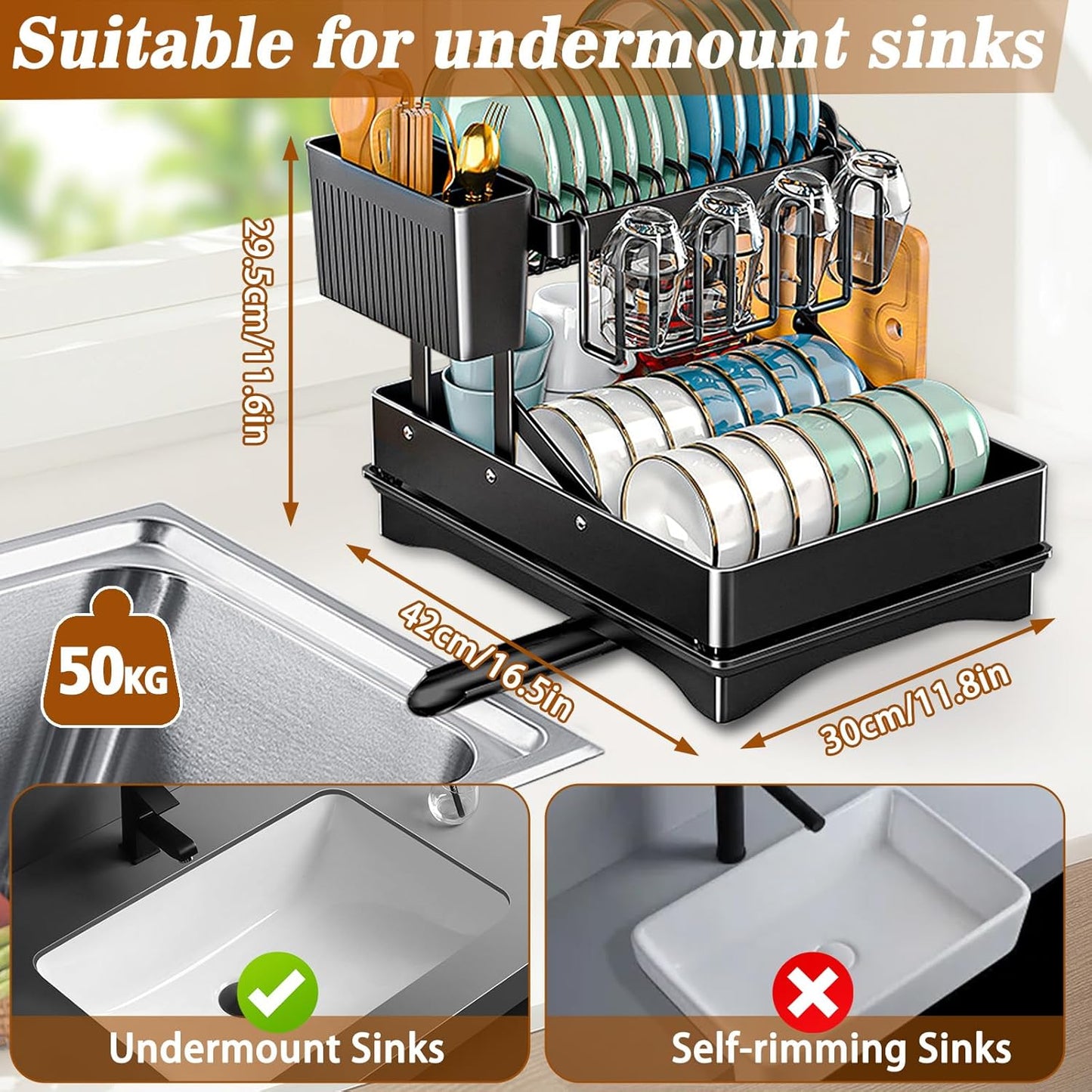 Dluxe Ave. Rust-Proof Dish Drying Rack/ 2 Tier Large Dish Rack /Carbon Steel (Black)