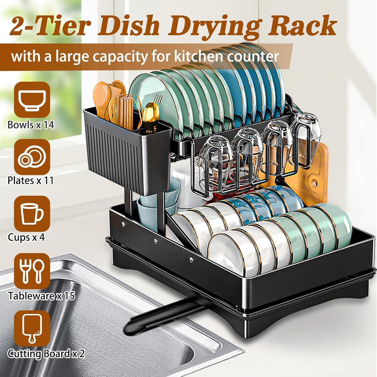 Dluxe Ave. Rust-Proof Dish Drying Rack/ 2 Tier Large Dish Rack /Carbon Steel (Black)