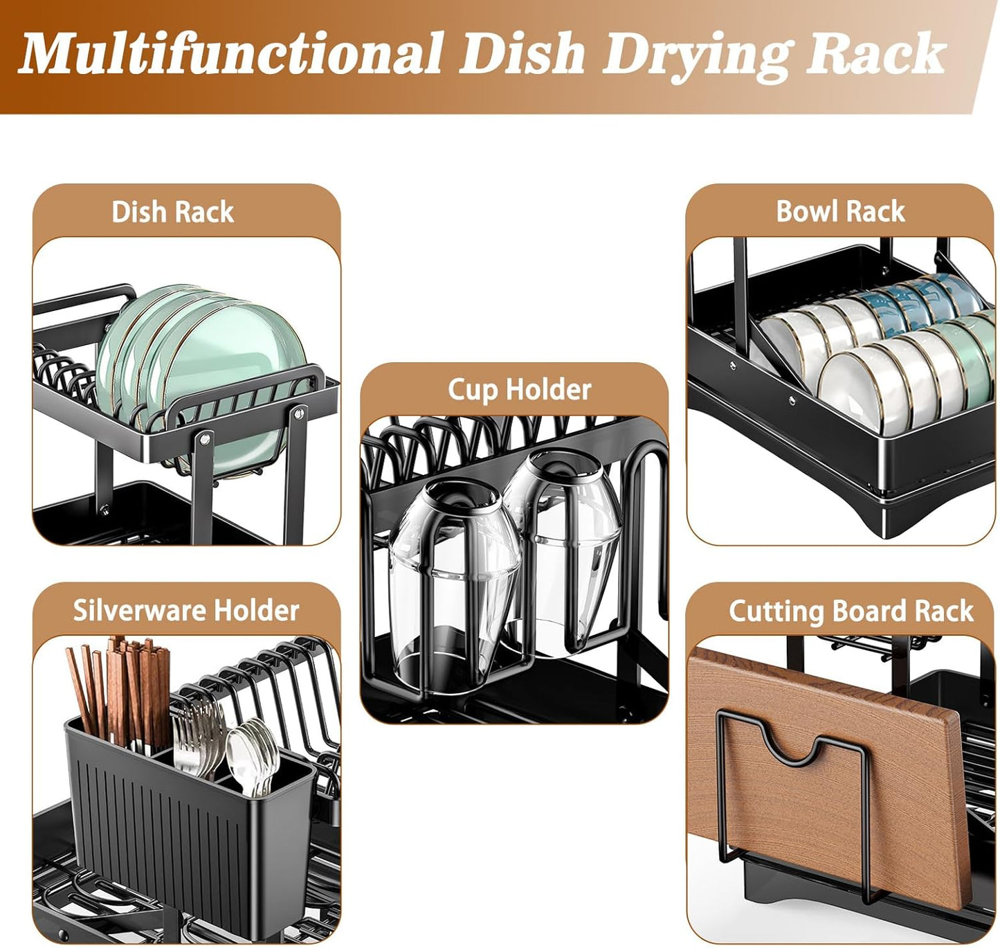 Dluxe Ave. Rust-Proof Dish Drying Rack/ 2 Tier Large Dish Rack /Carbon Steel (Black)