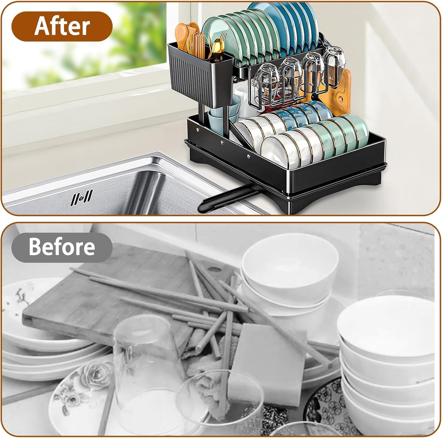 Dluxe Ave. Rust-Proof Dish Drying Rack/ 2 Tier Large Dish Rack /Carbon Steel (Black)