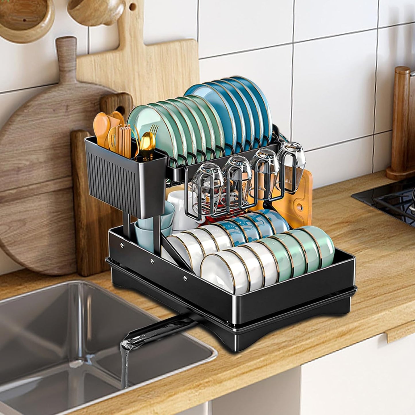 Dluxe Ave. Rust-Proof Dish Drying Rack/ 2 Tier Large Dish Rack /Carbon Steel (Black)