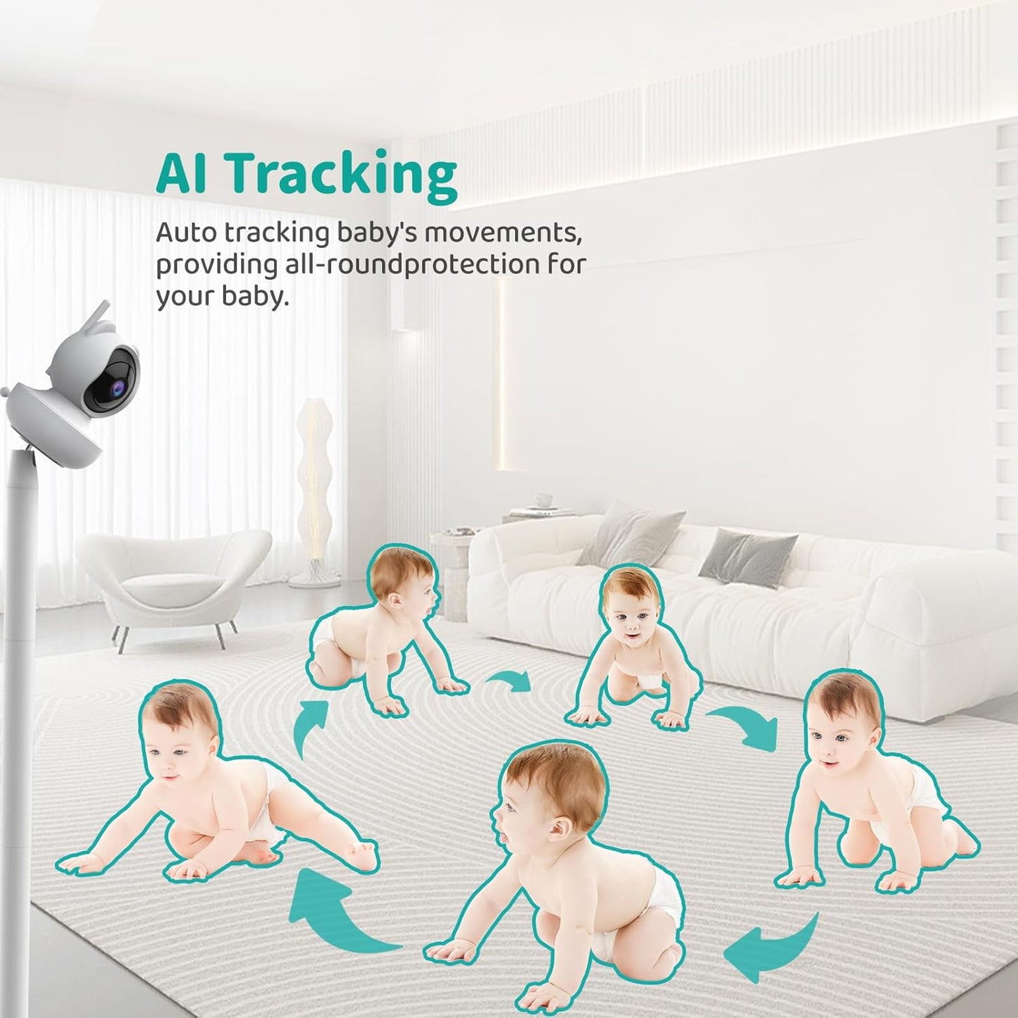 Dluxe Ave. VIZOLINK Baby Monitor 5.5" Split-Screen 2-Way Talk Video Baby Monitor with Camera and Audio Auto Motion Tracking Al Virtual Fence Local Video Playback Cry Detection 5X ZoomVOX No WiFi (White)