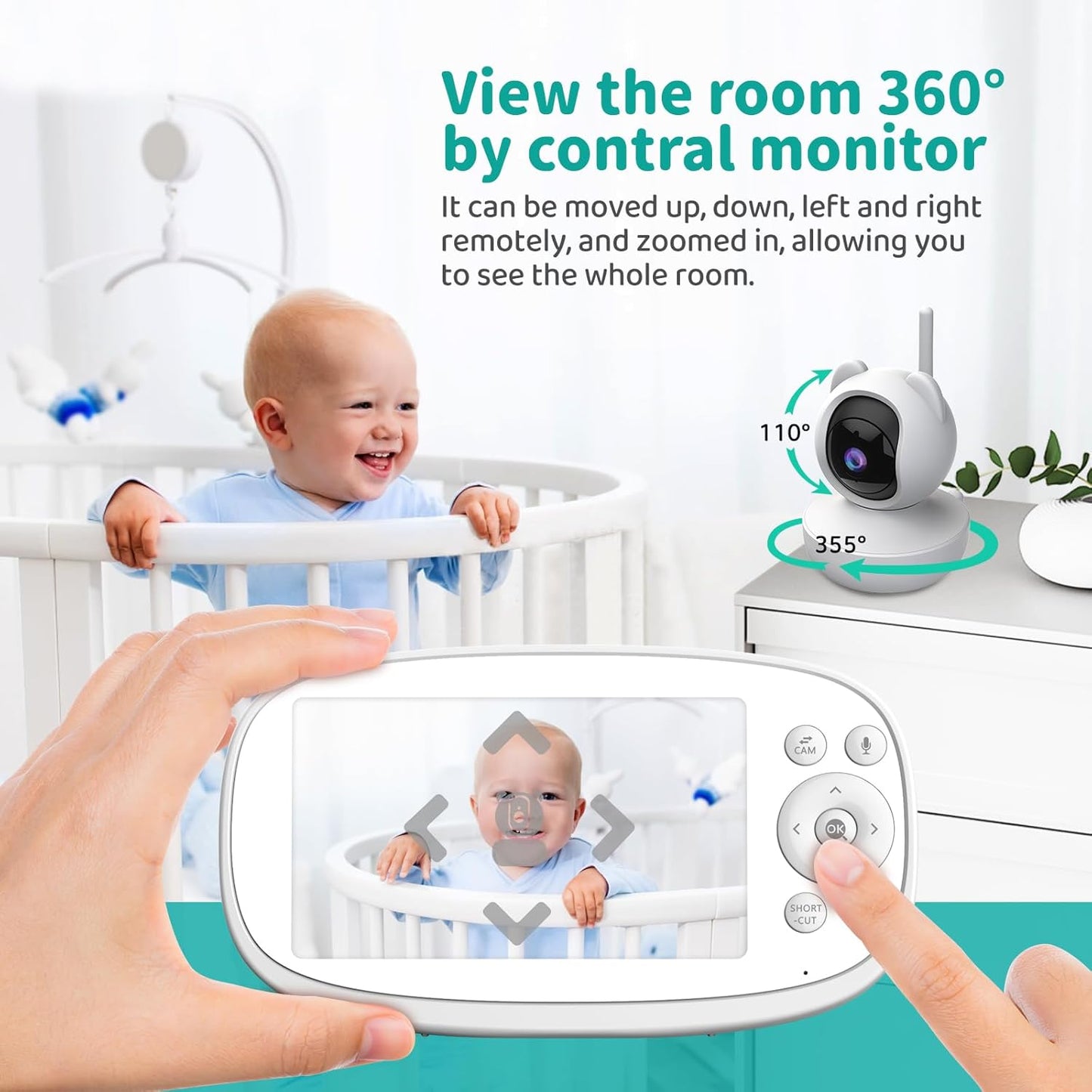 Dluxe Ave. VIZOLINK Baby Monitor 5.5" Split-Screen 2-Way Talk Video Baby Monitor with Camera and Audio Auto Motion Tracking Al Virtual Fence Local Video Playback Cry Detection 5X ZoomVOX No WiFi (White)