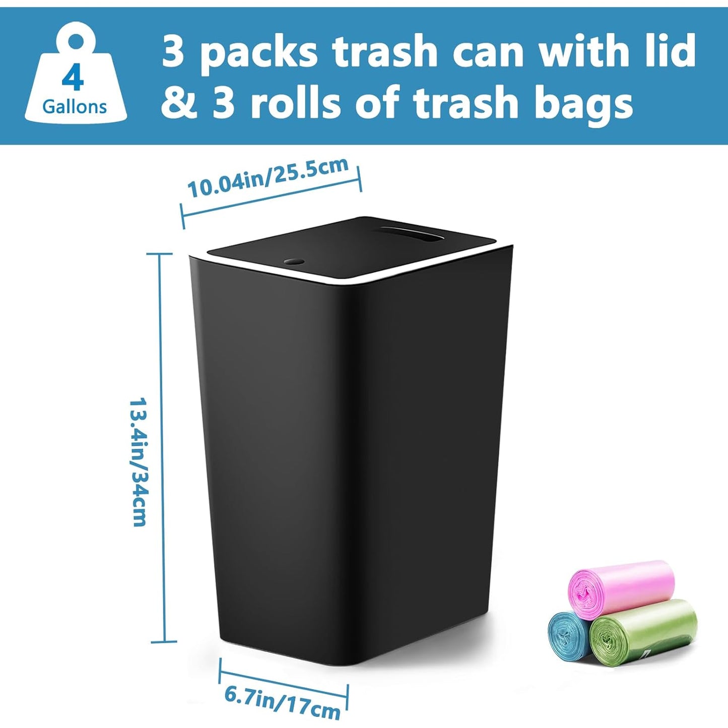 Dluxe Ave. Small Trash Can 3 Pack/ 4 Gallons Bathroom Garbage Can with Lid Press (Black)