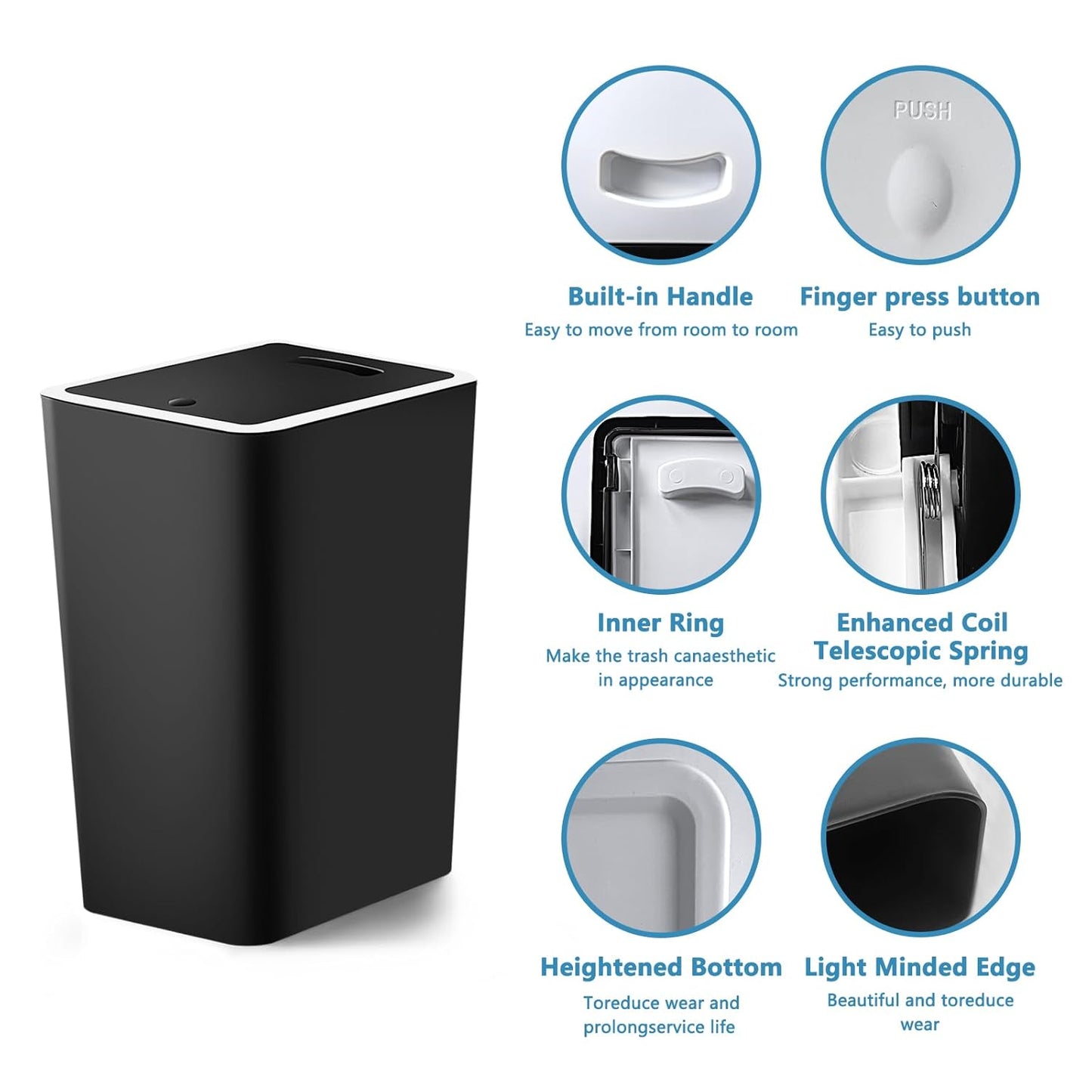 Dluxe Ave. Small Trash Can 3 Pack/ 4 Gallons Bathroom Garbage Can with Lid Press (Black)