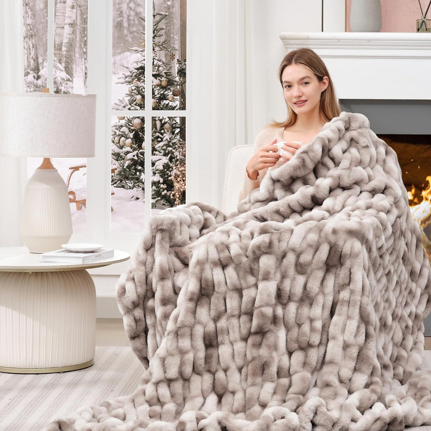 Dluxe Ave. ( THROW ) Faux Rabbit Fur Throw Blanket 700 GSM, Luxury Dual-Sided Soft Cozy Blanket, Fuzzy Fluffy Plush (Coffee) 50"x60" Coffee