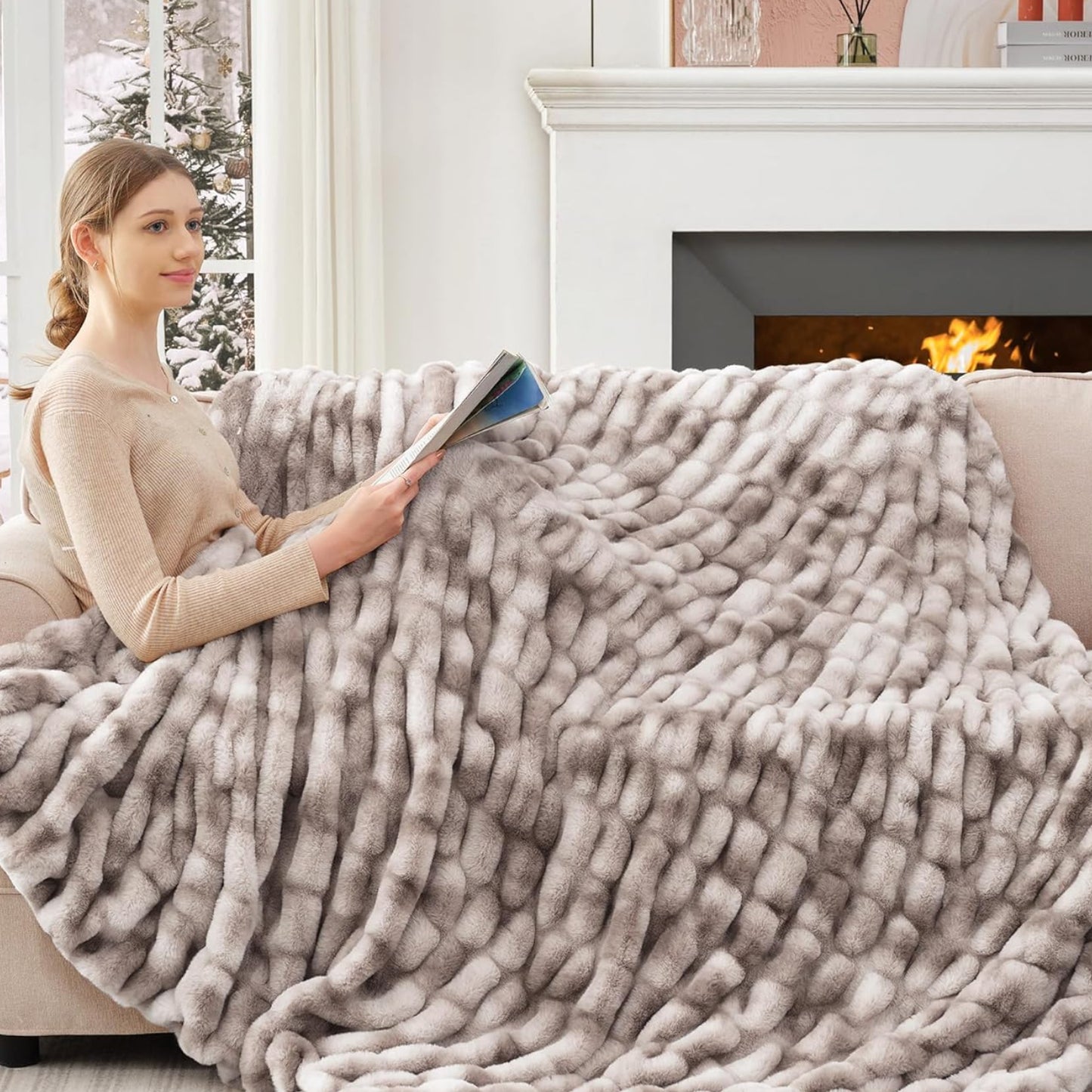 Dluxe Ave. ( THROW ) Faux Rabbit Fur Throw Blanket 700 GSM, Luxury Dual-Sided Soft Cozy Blanket, Fuzzy Fluffy Plush (Coffee) 50"x60" Coffee