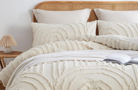 Dluxe Ave. ( FULL ) 3 Pcs Boho Duvet Cover, Tufted Textured Comforter Cover, Luxury Soft/ Beige