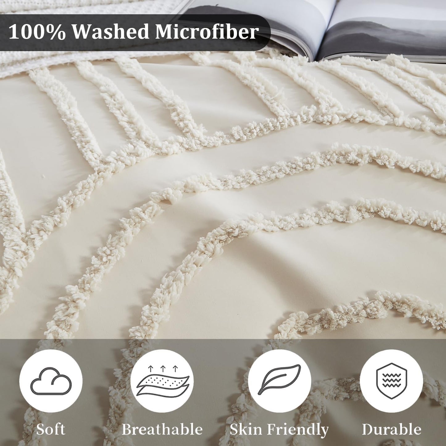 Dluxe Ave. ( FULL ) 3 Pcs Boho Duvet Cover, Tufted Textured Comforter Cover, Luxury Soft/ Beige