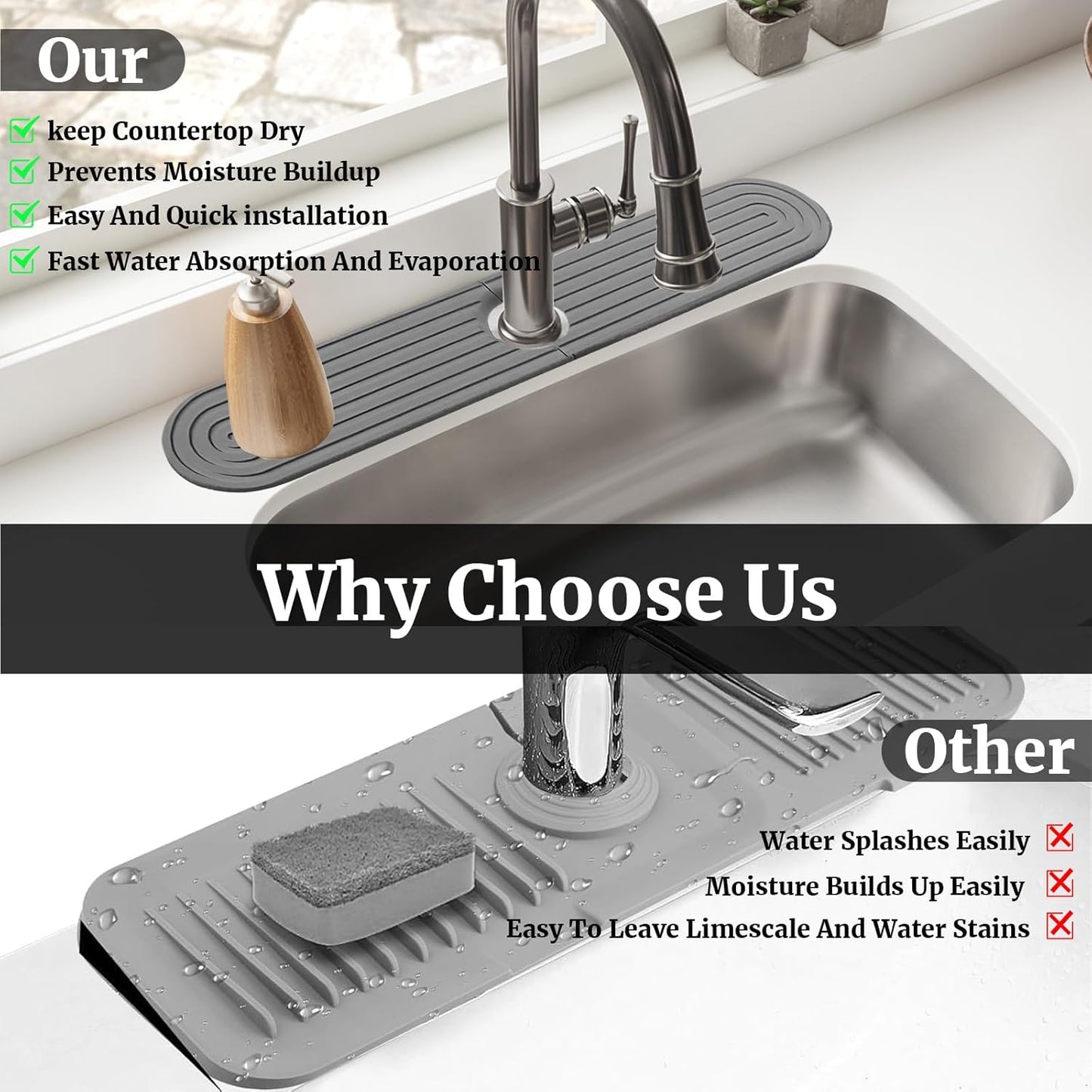 Dluxe Ave. Qesulk Sink Splash Guard Stone Drying Mat for Kitchen (15.7" x 3.9")
