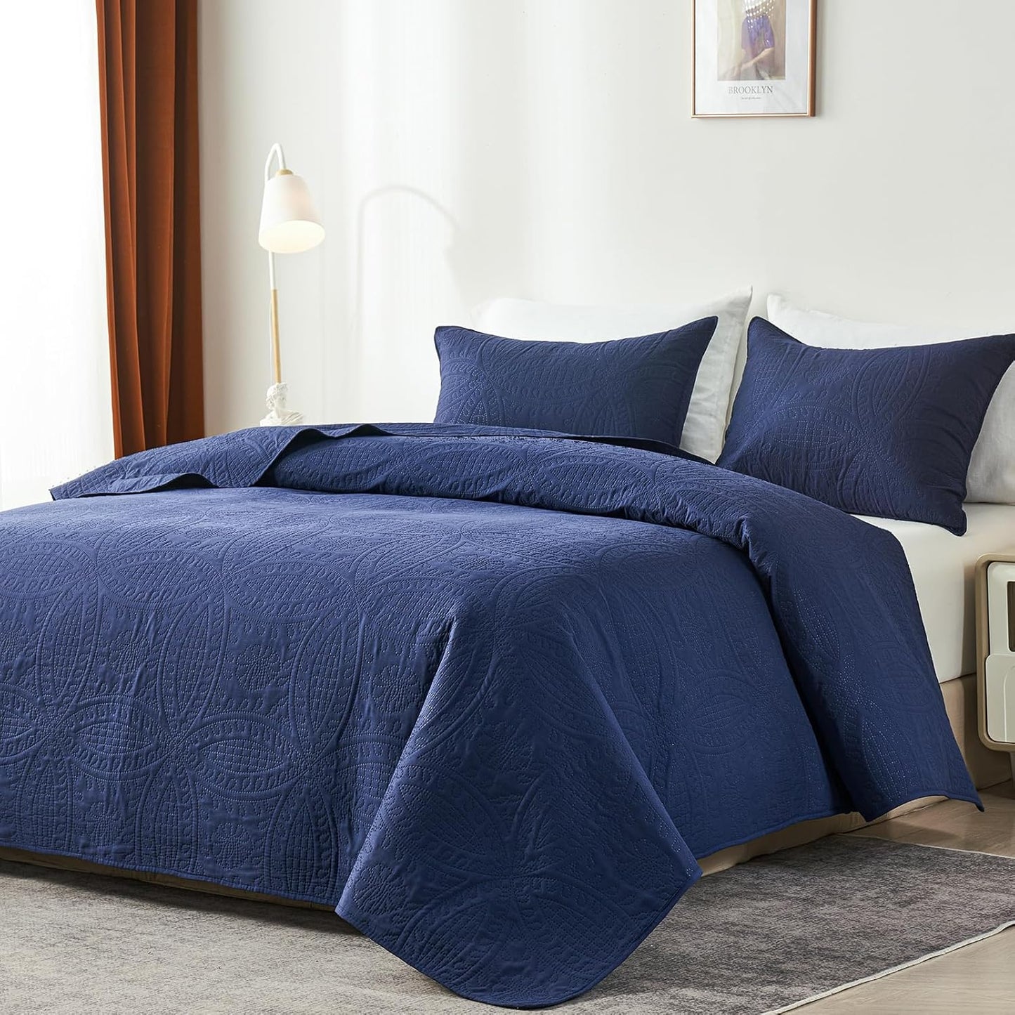 Dluxe Ave. ( CALI./ KING) 3 Pcs Quilt Bedding Set/ Lightweight Soft for All Season/ Navy Blue