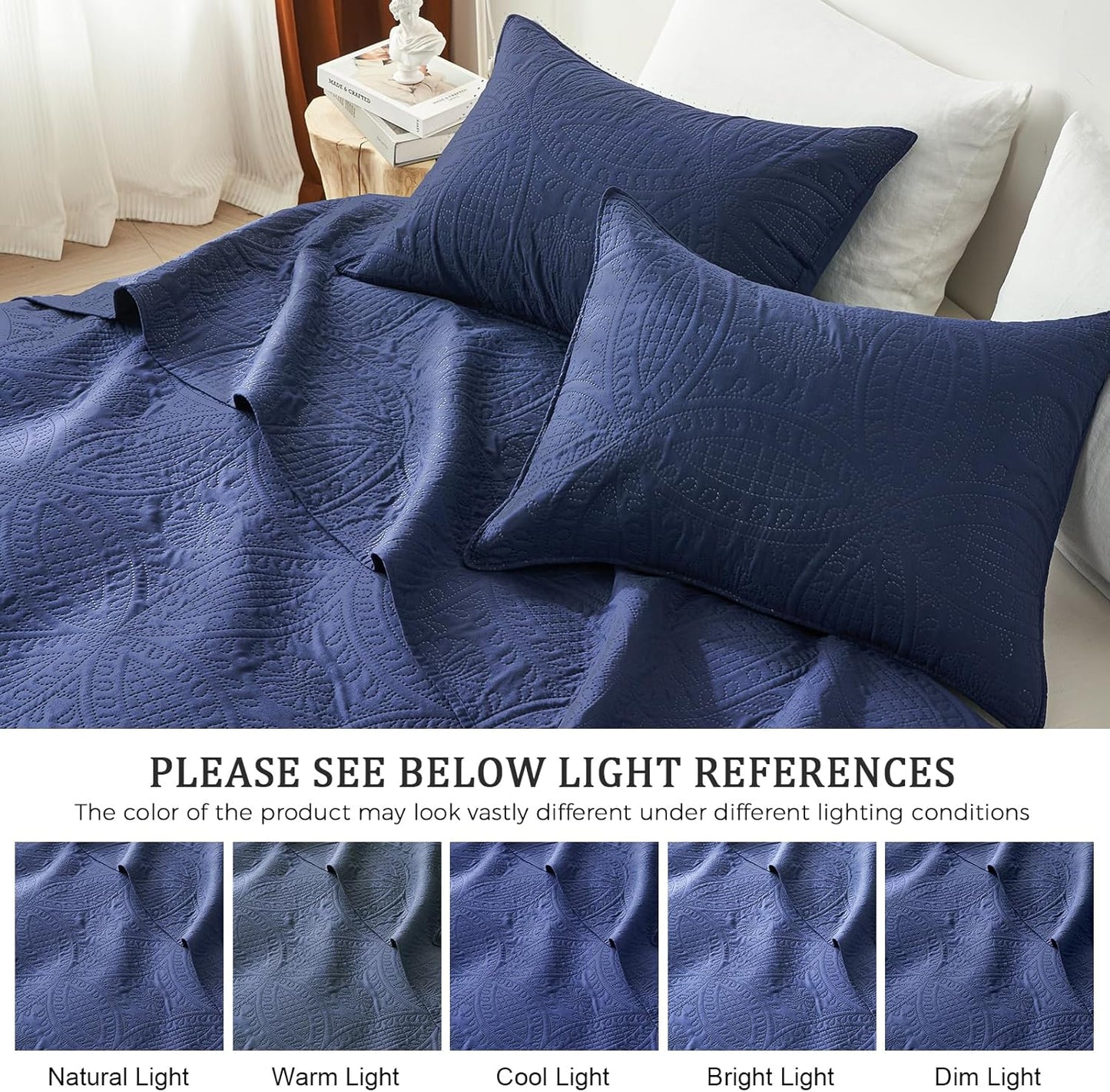 Dluxe Ave. ( CALI./ KING) 3 Pcs Quilt Bedding Set/ Lightweight Soft for All Season/ Navy Blue