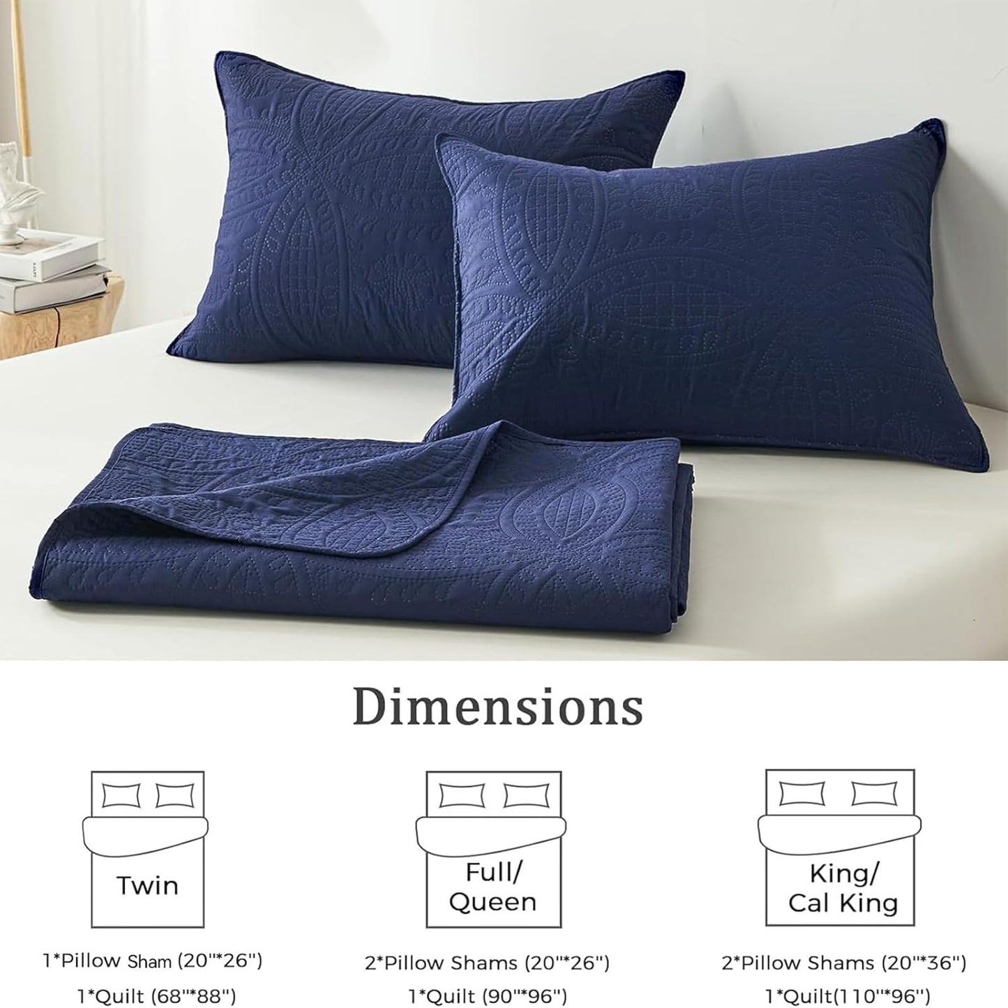 Dluxe Ave. ( CALI./ KING) 3 Pcs Quilt Bedding Set/ Lightweight Soft for All Season/ Navy Blue