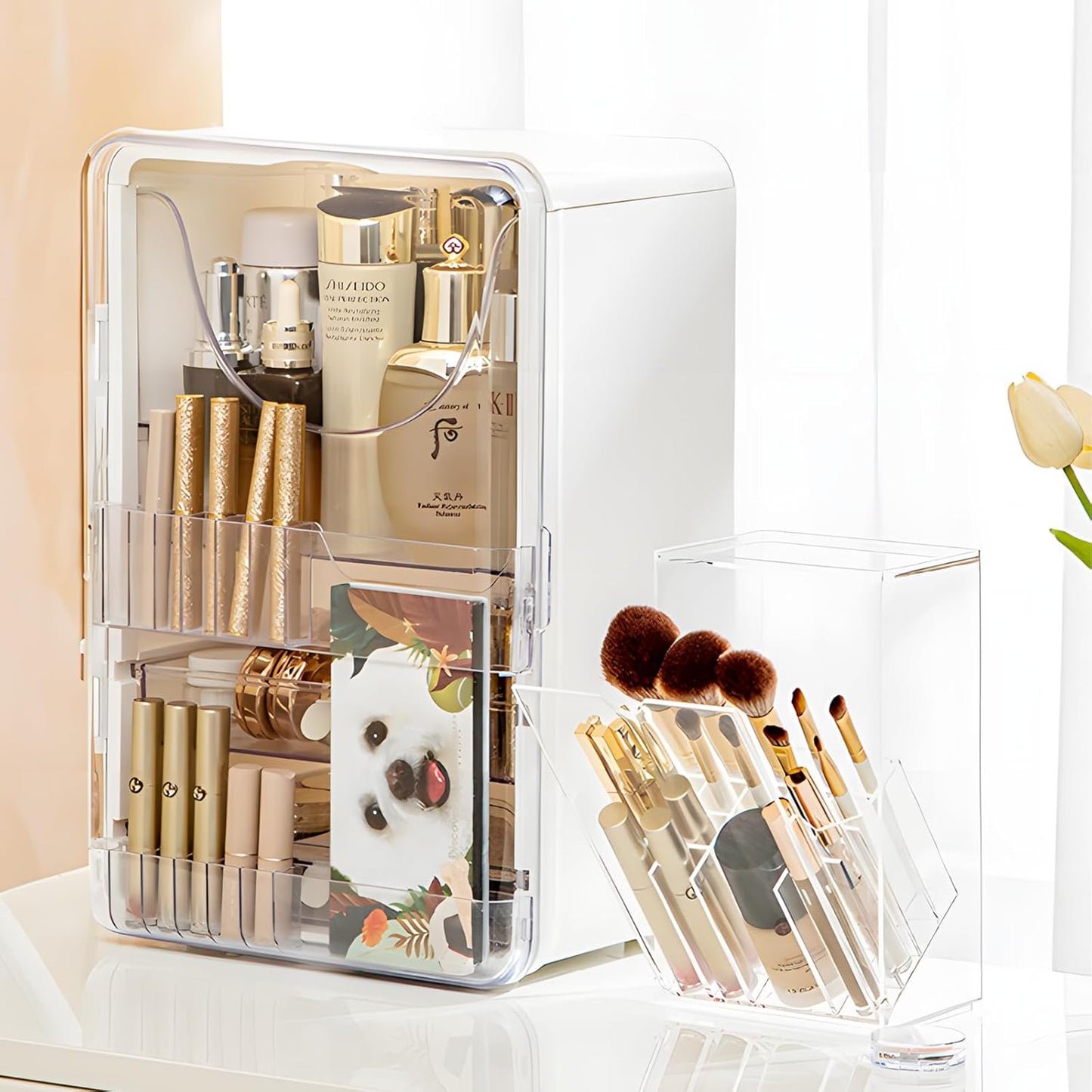 Dluxe Ave. KoovDem Makeup Brush Organizer With LidThickened Acrylic Brush Holder Dust Proof，Easy To TakeMakeup Brush Storage For Vanity
