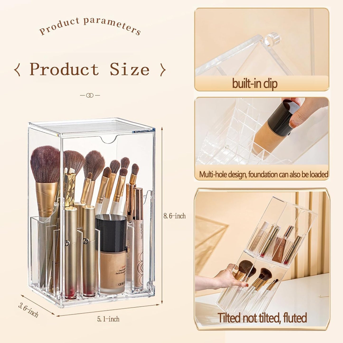Dluxe Ave. KoovDem Makeup Brush Organizer With LidThickened Acrylic Brush Holder Dust Proof，Easy To TakeMakeup Brush Storage For Vanity