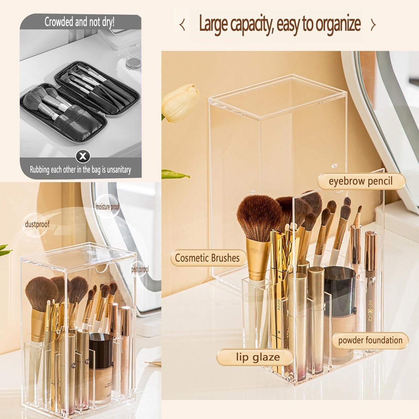 Dluxe Ave. KoovDem Makeup Brush Organizer With LidThickened Acrylic Brush Holder Dust Proof，Easy To TakeMakeup Brush Storage For Vanity