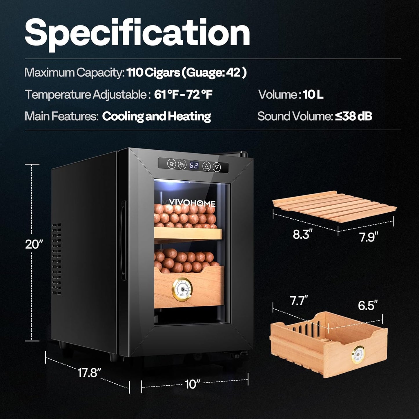 Dluxe Ave. Electric Humidor 10L 110 Counts Cooling and Heating Humidor Cabinet with Light Spanish Cedar Wood Inner Shelves and Drawer Accurate Hygrometer Humidifier
