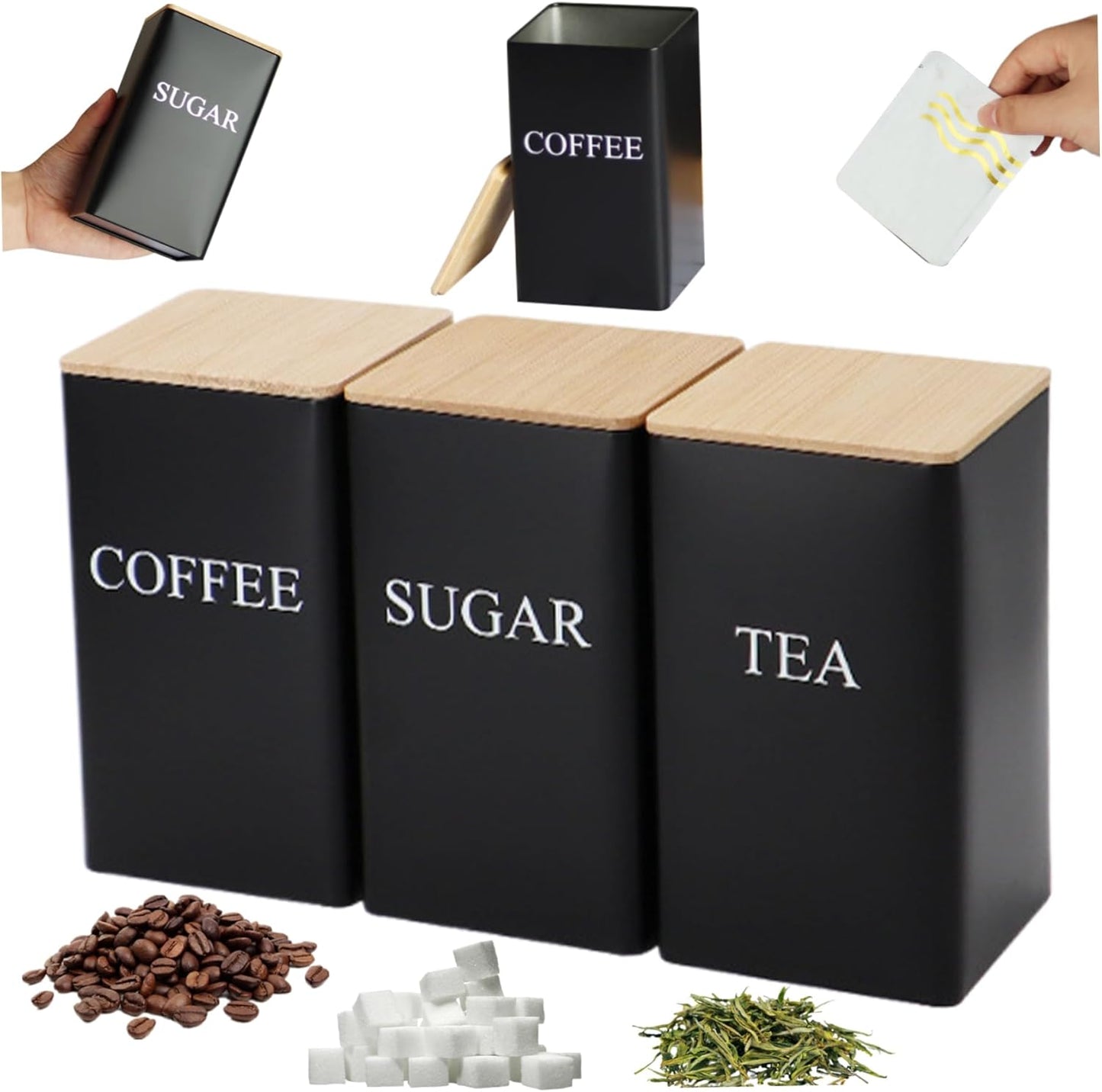Dluxe Ave. Peosaard Sugar Container Coffee Tea Sugar Container Set of 3 Iron for Coffee Tea Sugar Storage Black