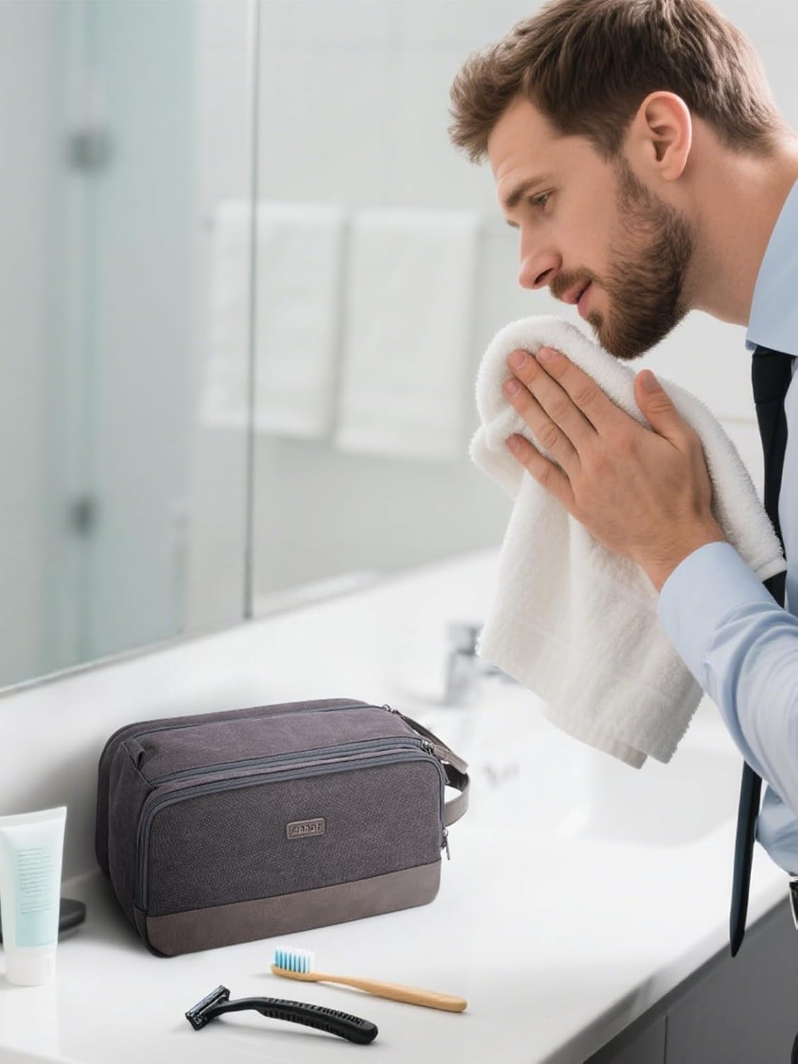 Dluxe Ave.  Men Travel Toiletry Organizer Canvas and Leather Dopp Kit/ Water-Resistant/ Grey