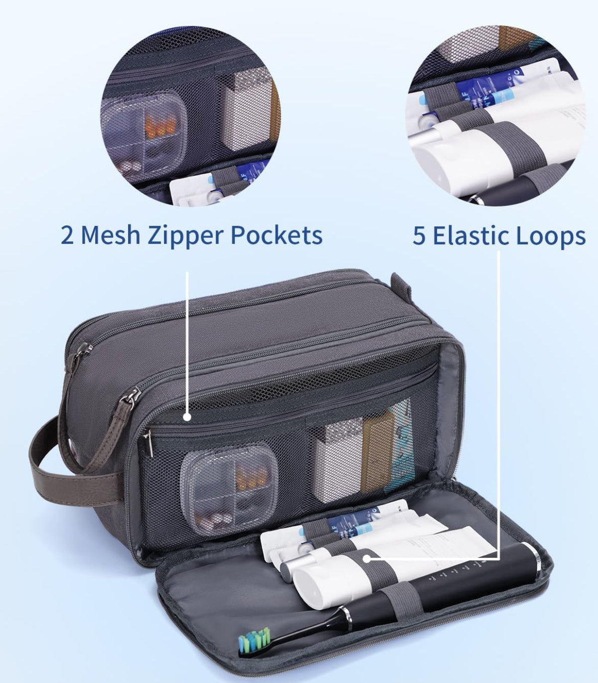 Dluxe Ave.  Men Travel Toiletry Organizer Canvas and Leather Dopp Kit/ Water-Resistant/ Grey