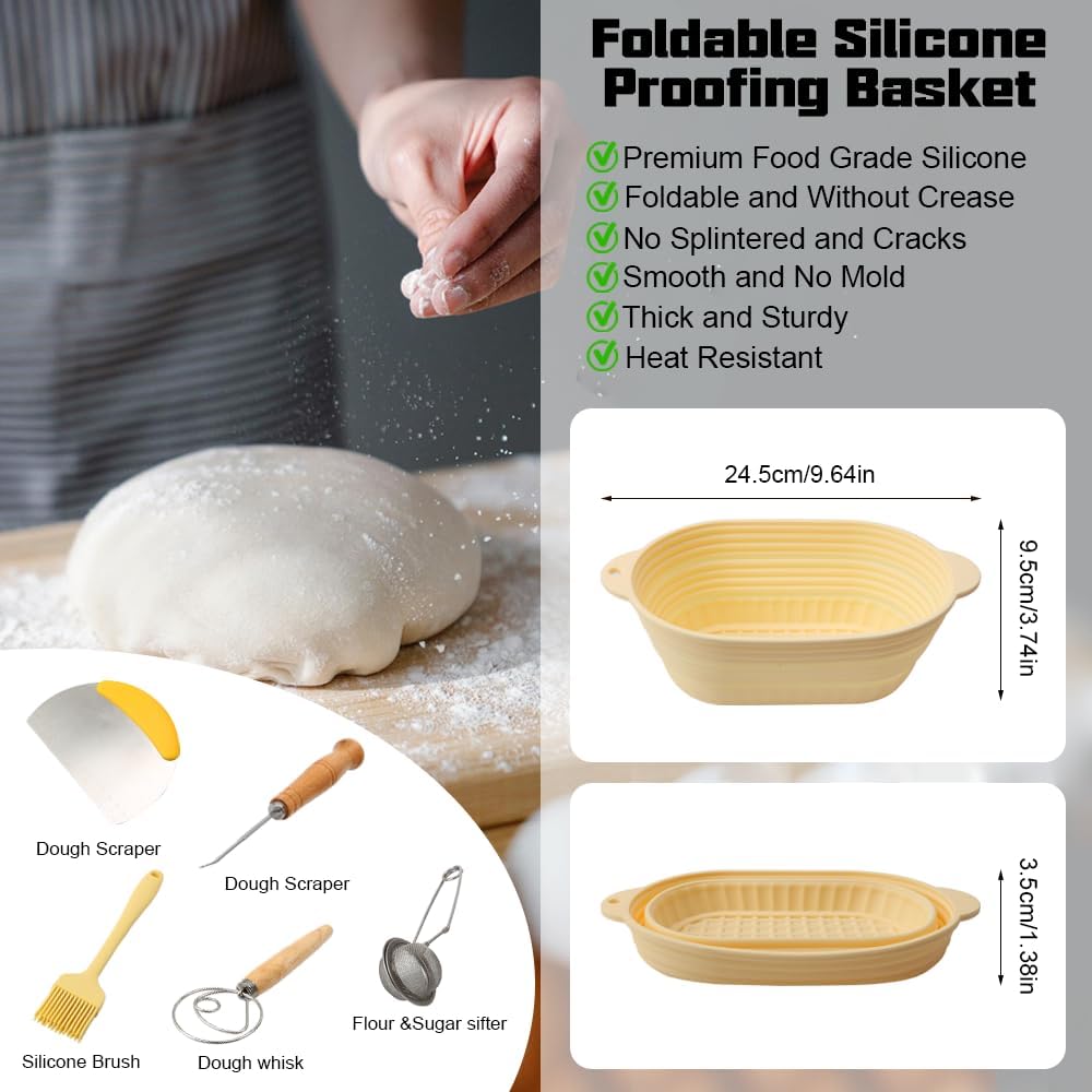 Dluxe Ave. Silicone 10 Inch Oval Foldable Sourdough Baking Basket Kit /Bread Making Tool Supplies and Accessories