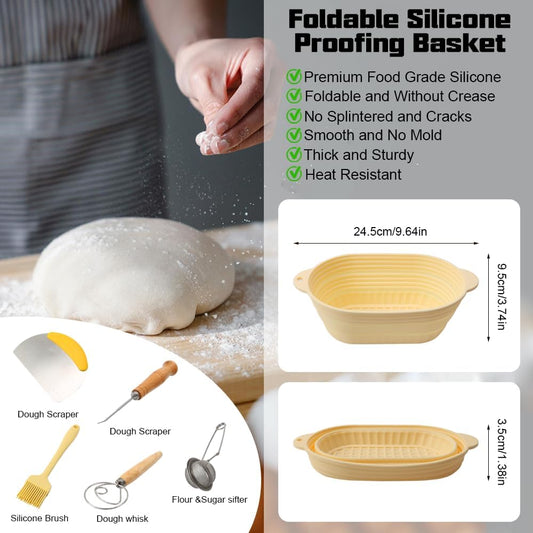 Dluxe Ave. Silicone 10 Inch Oval Foldable Sourdough Baking Basket Kit /Bread Making Tool Supplies and Accessories
