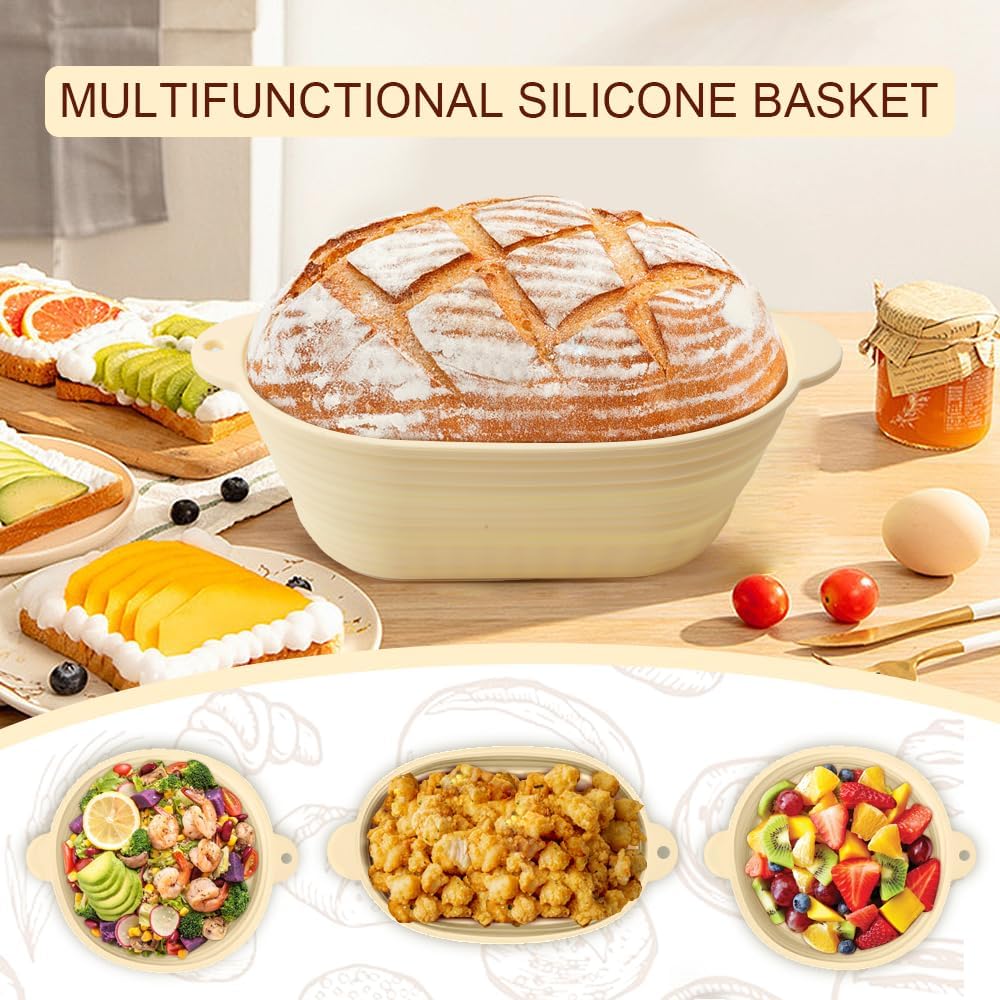 Dluxe Ave. Silicone 10 Inch Oval Foldable Sourdough Baking Basket Kit /Bread Making Tool Supplies and Accessories