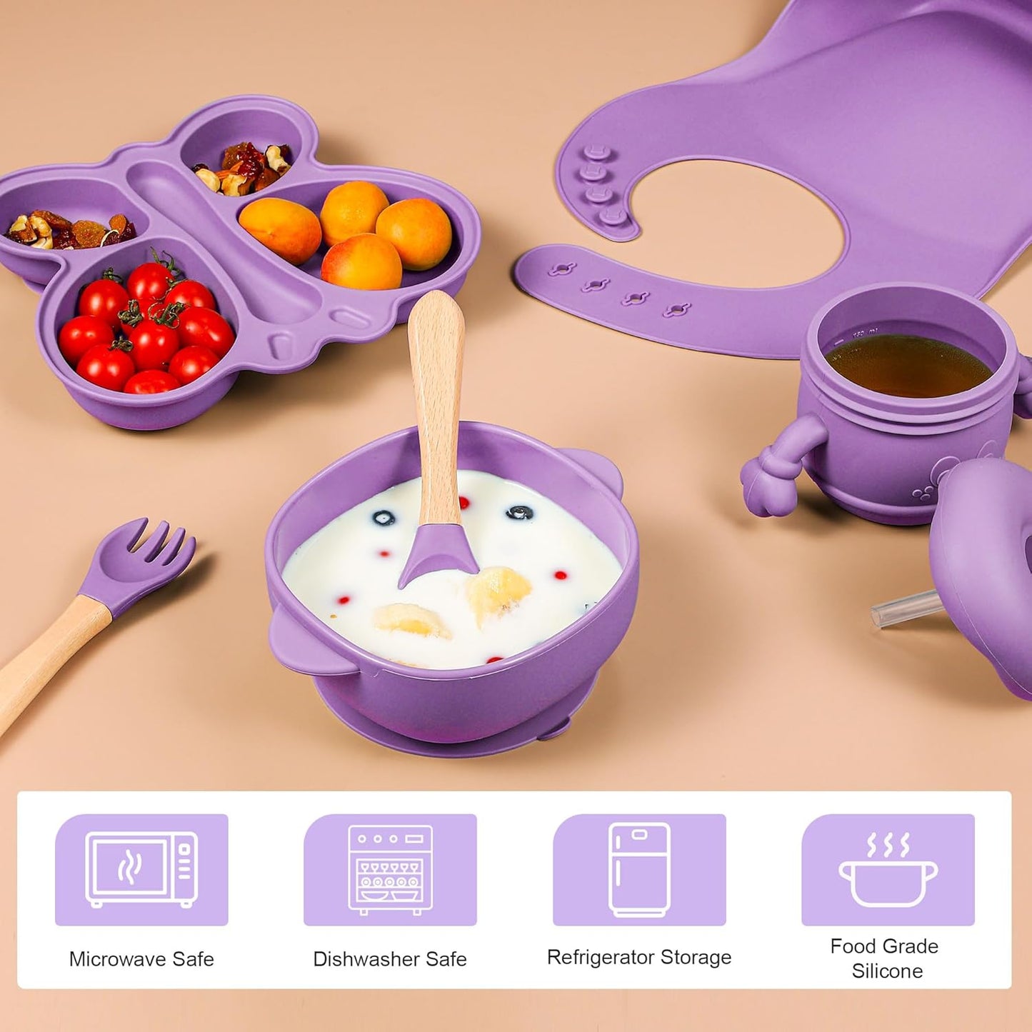 Dluxe Ave. Silicone Baby Feeding Set Baby Led Weaning Supplies Silicone Suction Butterfly Plate Bowl Spoons Fork and Waterproof Bib & Cloth Bib Eating Utensils Baby Feeding Essentials (Purple)