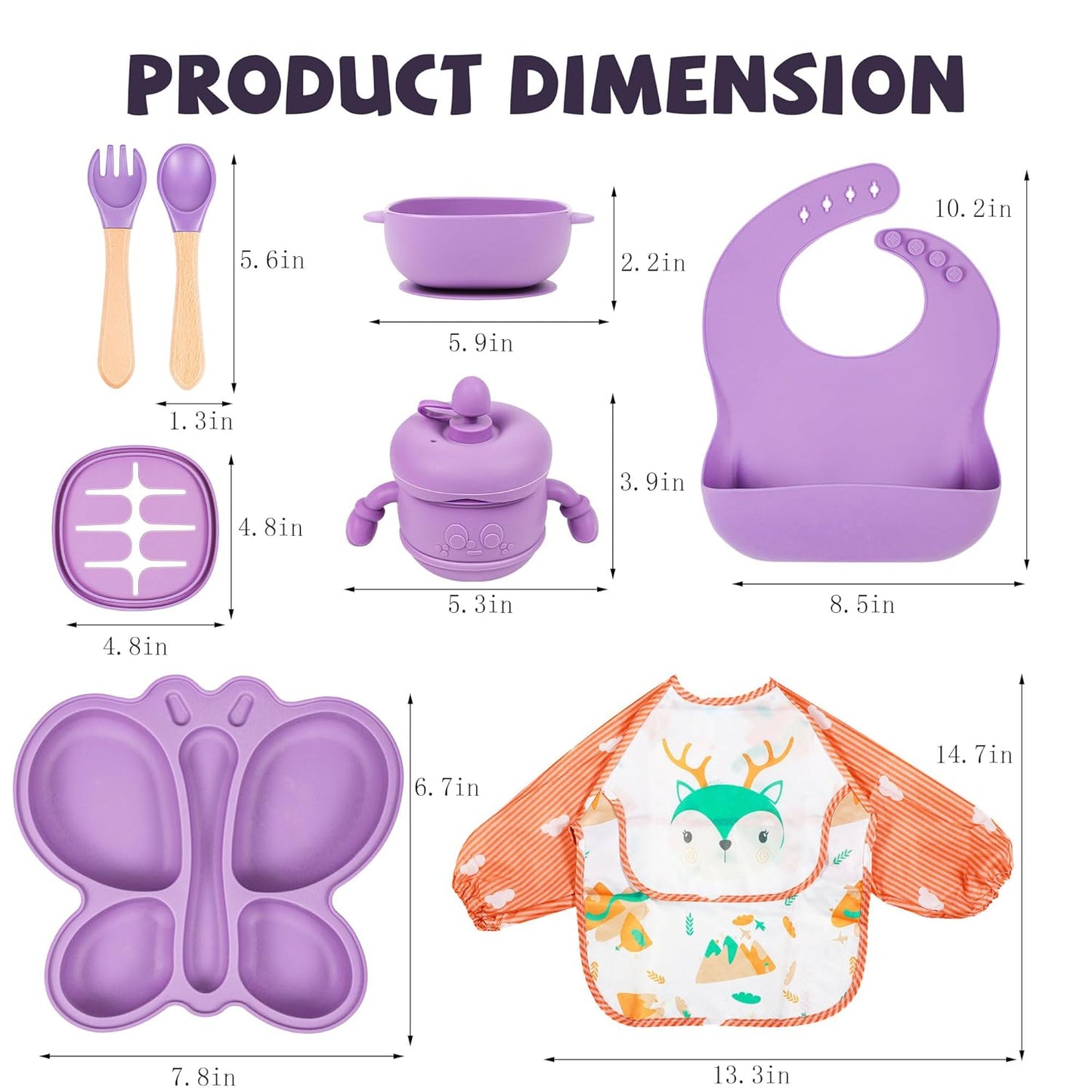 Dluxe Ave. Silicone Baby Feeding Set Baby Led Weaning Supplies Silicone Suction Butterfly Plate Bowl Spoons Fork and Waterproof Bib & Cloth Bib Eating Utensils Baby Feeding Essentials (Purple)