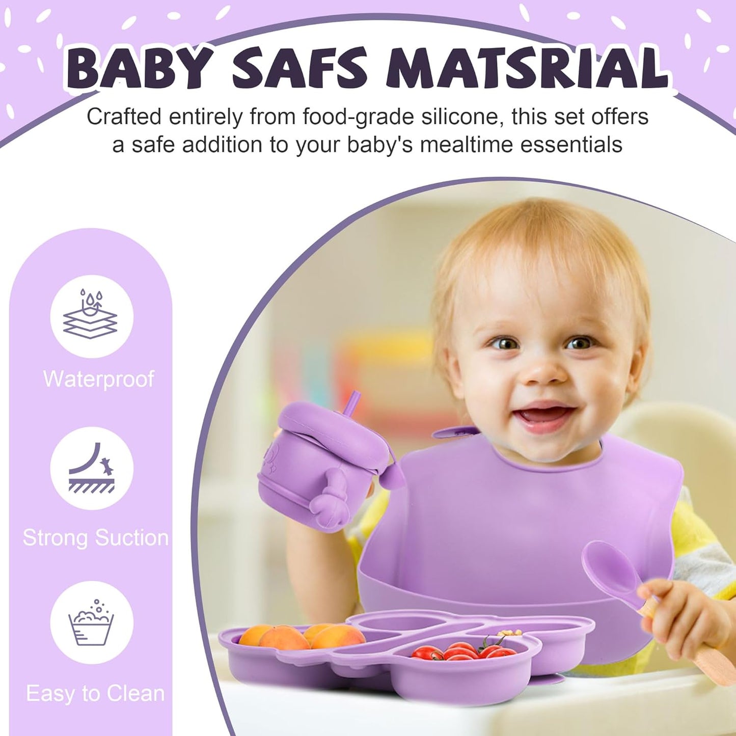 Dluxe Ave. Silicone Baby Feeding Set Baby Led Weaning Supplies Silicone Suction Butterfly Plate Bowl Spoons Fork and Waterproof Bib & Cloth Bib Eating Utensils Baby Feeding Essentials (Purple)