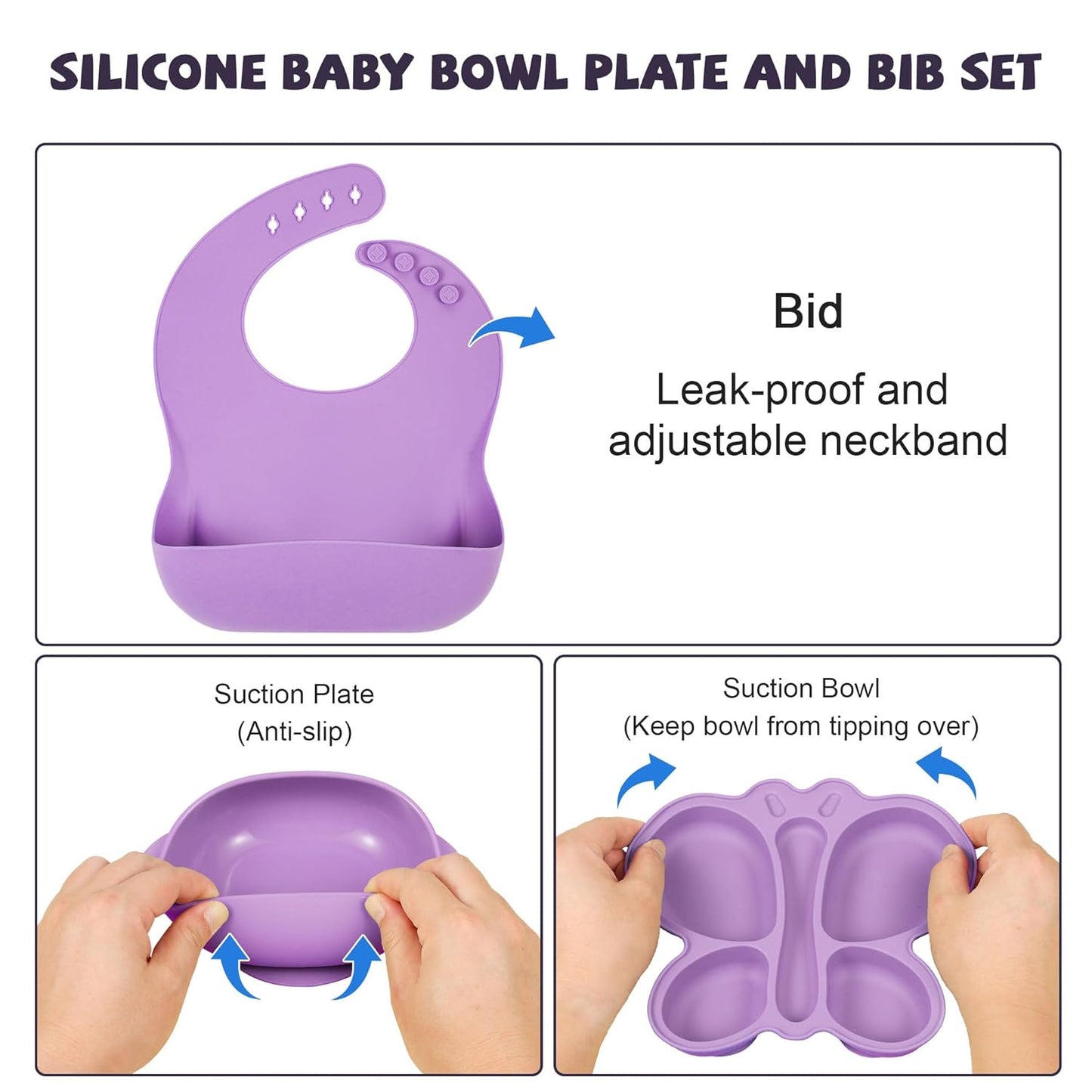 Dluxe Ave. Silicone Baby Feeding Set Baby Led Weaning Supplies Silicone Suction Butterfly Plate Bowl Spoons Fork and Waterproof Bib & Cloth Bib Eating Utensils Baby Feeding Essentials (Purple)