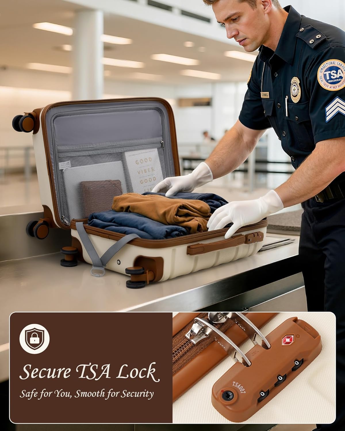 Dluxe Ave. Carry On Luggage Set 3 Piece with Duffel Bag/ ABS Hardshell/Spinner Wheels/ TSA Lock/ (WHITE & BROWN)