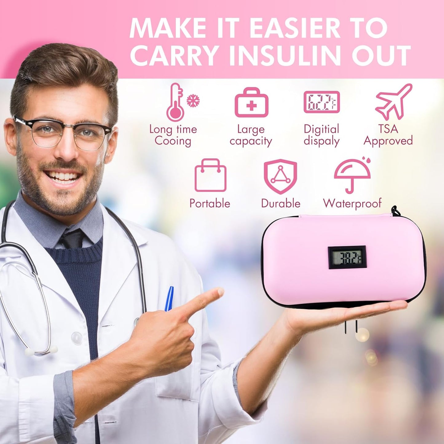 Dluxe Ave. 24h Insulin Cooler Travel Case/ TSA Approved/ Thermometer Temperature Display/ Pink