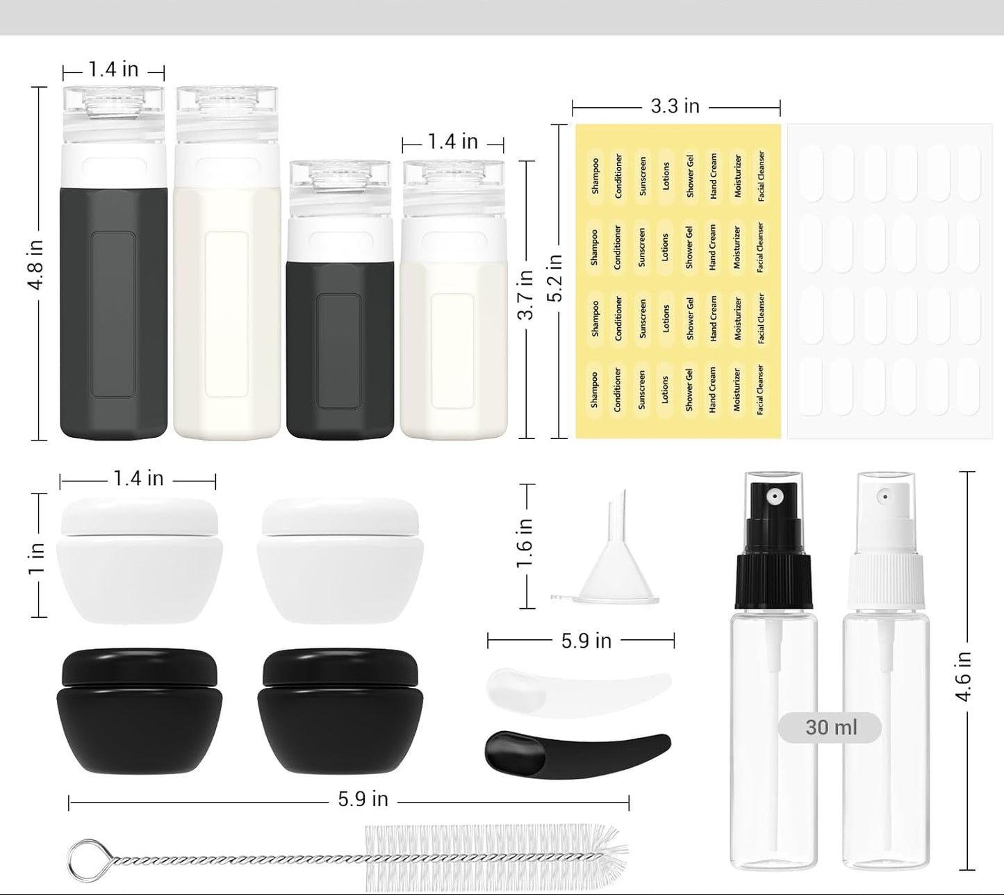 Dluxe Ave. 17 Pack Travel Bottles for Toiletries/ TSA Approved / Black & White