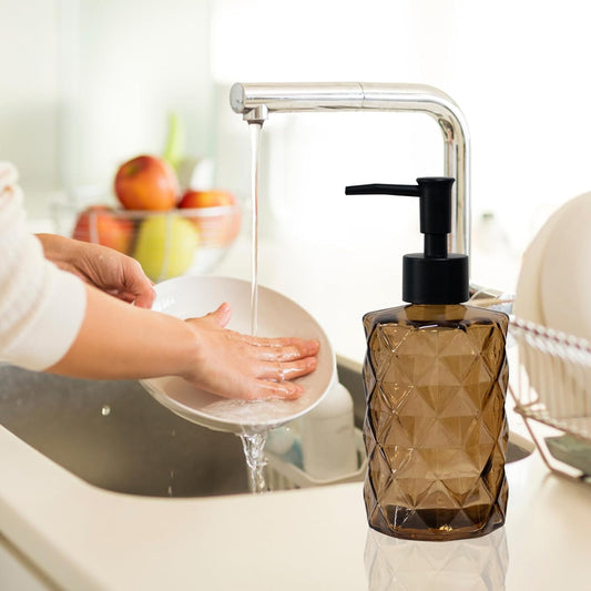 Dluxe Ave. Brown Bathroom Soap Dispenser with Black Plastic Pump 12oz Glass Lotion Dispenser Crystal Hand Soap Dispenser